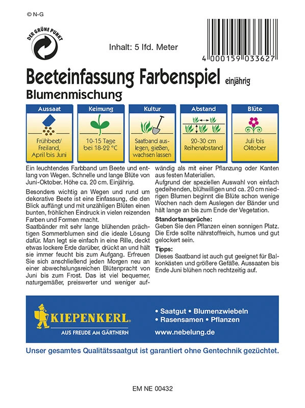 Blumenmischung Beeteinfassung Farbenspiel Einjährig Saatband 5mtr 3 Blumenmischung Beeteinfassung Farbenspiel Einjährig Saatband 5mtr