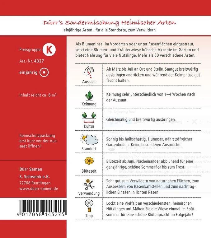 Dürr´s Sondermischung Heimischer Arten, Nektarquelle Für Viele Nützlinge, Reine Blumensamen Für Ca. 6m² 2 Dürr´s Sondermischung Heimischer Arten, Nektarquelle Für Viele Nützlinge, Reine Blumensamen Für Ca. 6m²