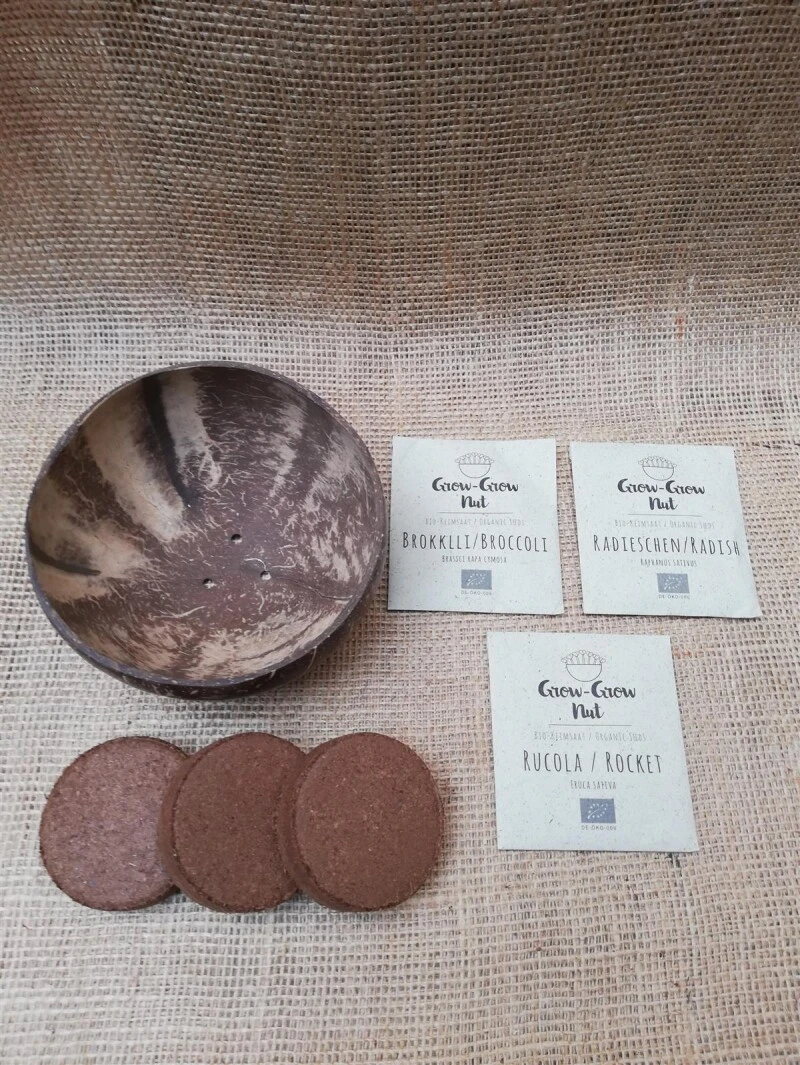 Grow-Grow Nut, Starterpaket, 1x Kokosnuss-Schale + 3x Bio-Saatgut (Brokkoli, Radieschen & Rucola) + 3x Kokoserde-Ziegel 8 Grow-Grow Nut, Starterpaket, 1x Kokosnuss-Schale + 3x Bio-Saatgut (Brokkoli, Radieschen & Rucola) + 3x Kokoserde-Ziegel – Bild 6