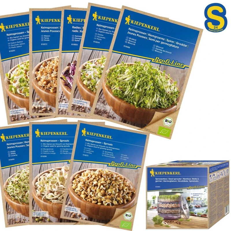 BIO Keimsprossen-Sortiment 8 - Verschiedene Sorten BIO-Sprossen-Samen + 1x Kiepenkerl Keimbox 3 BIO Keimsprossen-Sortiment 8 - Verschiedene Sorten BIO-Sprossen-Samen + 1x Kiepenkerl Keimbox